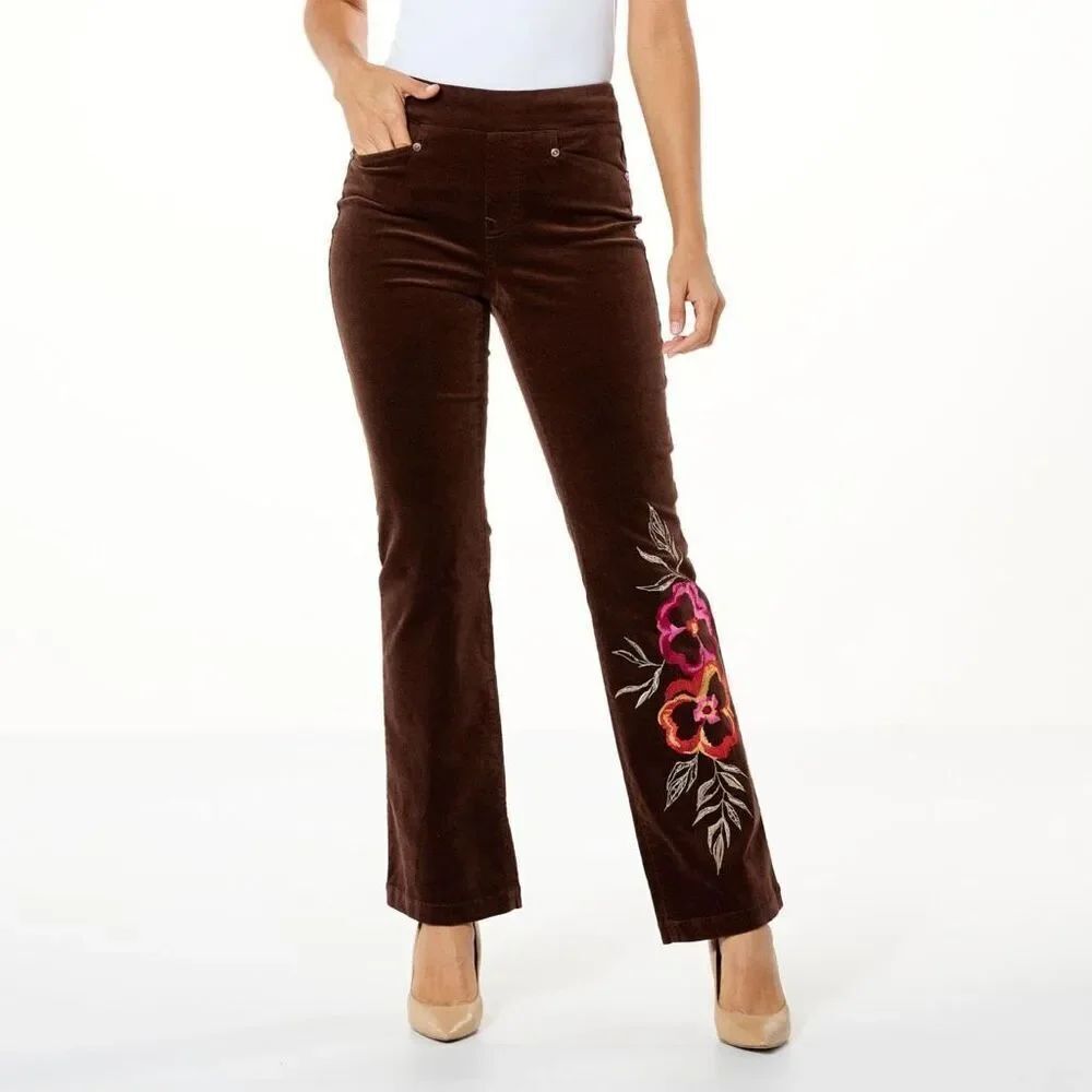 DG2 by Diane Gilman Stretch Velvet Pull-On Embroidered Bootcut Pant size 12 NWT